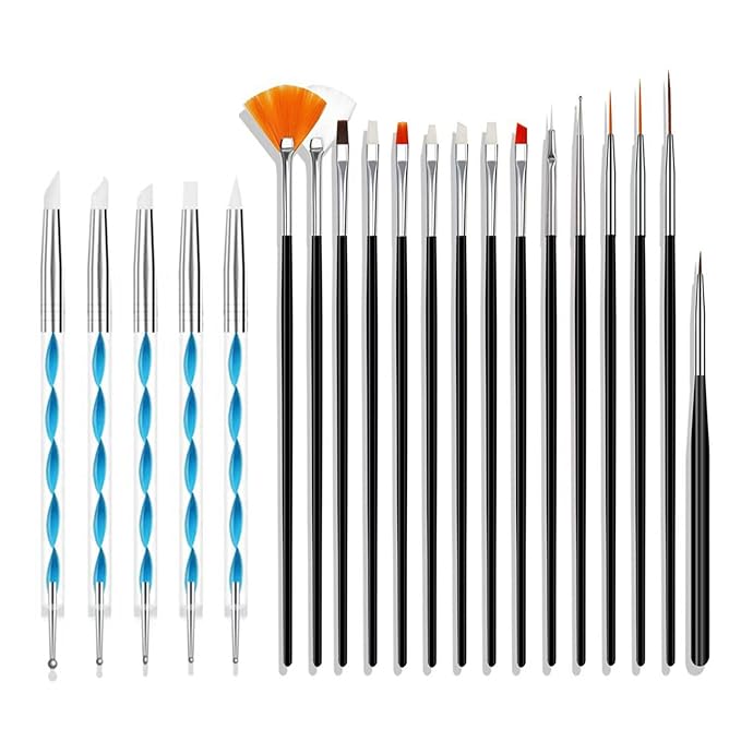 Nail Art Brushes Set, 20pcs Nail Art Design Tools, Acrylic Silicone Carving Pen, Dotting Pen, Nail Fine Liner Brushes, Extension Gel Brush, Polish Brush, Builder Brush, Black and Blue