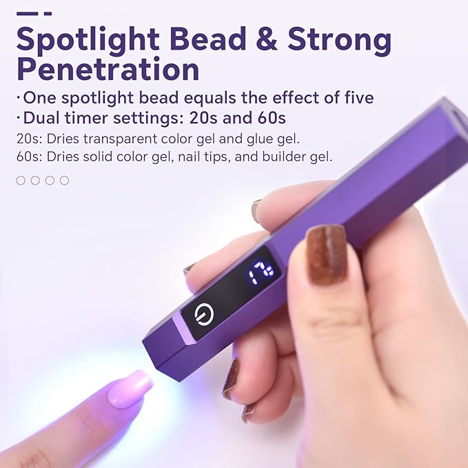 Handheld LED UV Light for Gel Nails Mini Nail Lamp Portable Cordless Rechargeable Type-C Nail Dryer with Display for Fast Curing, DIY Nails Tool, Purple, for Home DIY & Nail Salon