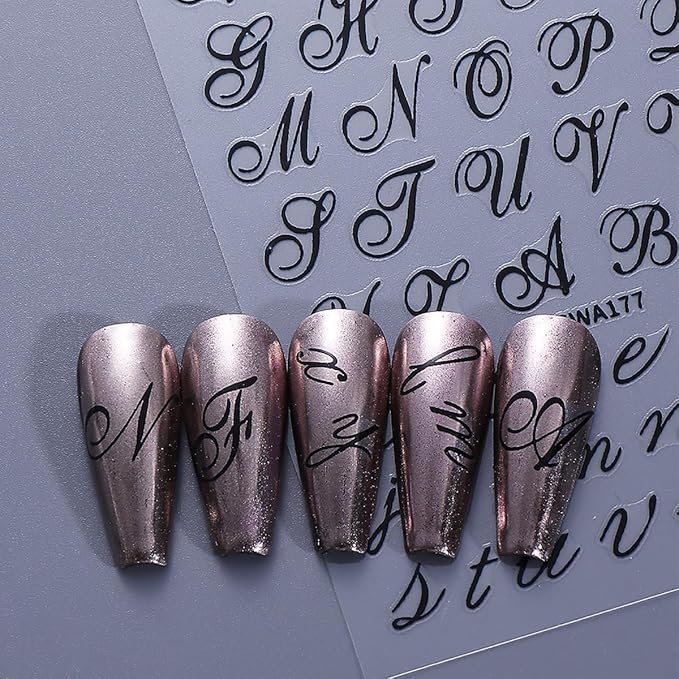 8 Sheets Letter Nail Stickers for Nail Art Retro English Letter Nail Art Stickers 3D Self-Adhesive Red Blue Gold Black Retro English Pattern Old Alphabet Cursive Design Letter Nail Decals for Acrylic