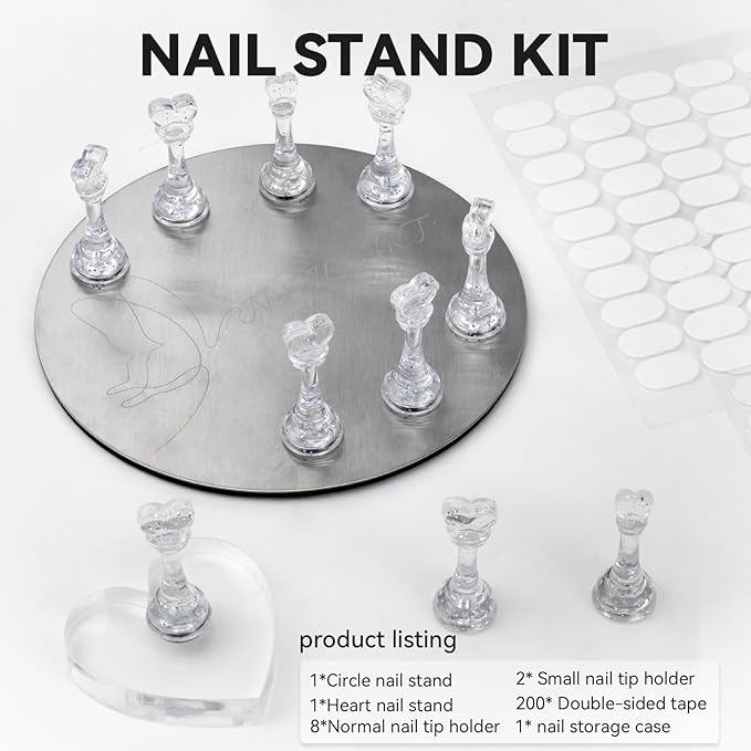 Nail Stands for Press On Nails Painting Display Practice, Powerful Magnetic Nail Tip Holders for Diy Design, Heart Nail Art Stand with 200 PCS Double-Sided Tapes Home Salon Use (Silver)