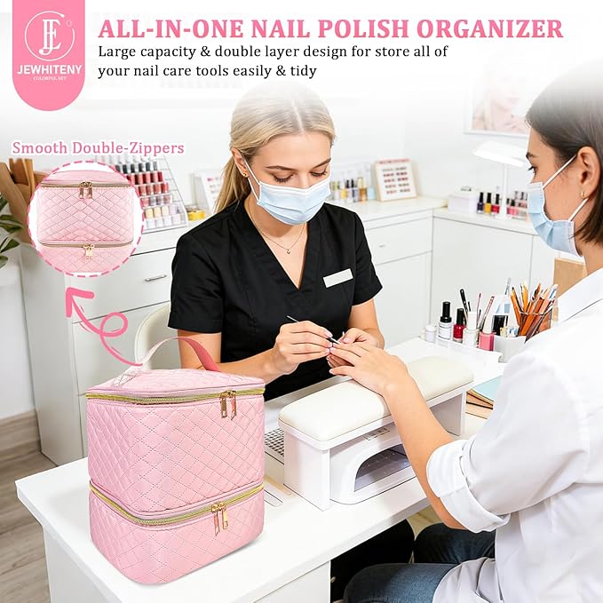 JEWHITENY Nail Polish Organizer Bag Holds 30 Bottles & Nail Lamp,Double-Layer Nail Polish Storage Bag with Adjustable Dividers,Portable Nail Kit Bag For Nail Stuff & Manicure Tools (Pink)