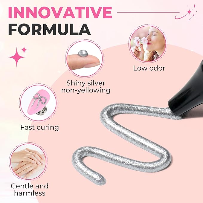 UNA GELLA Metallic Silver 3D Gel Nail Art 15g, No Wipe Sculpting Gel Polish for Nail Designs, Charms and Gems Decoration, Lamp Curing Required DIY Art Salon at Home