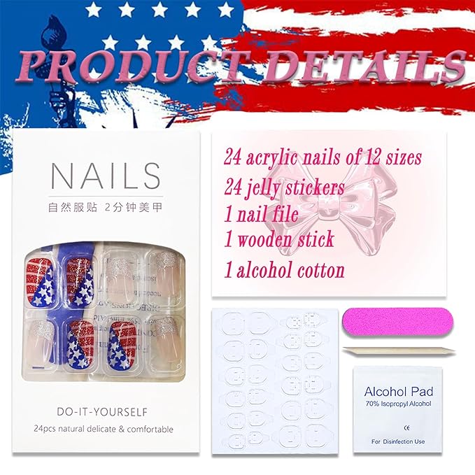 4th of July Press on Nails Medium Square Glitter French Tip Fake Nails America Flag False Nails with Star Designs Glossy Glue on Nails Nude Acrylic Nails Artificial Nails for Women Girls 24Pcs