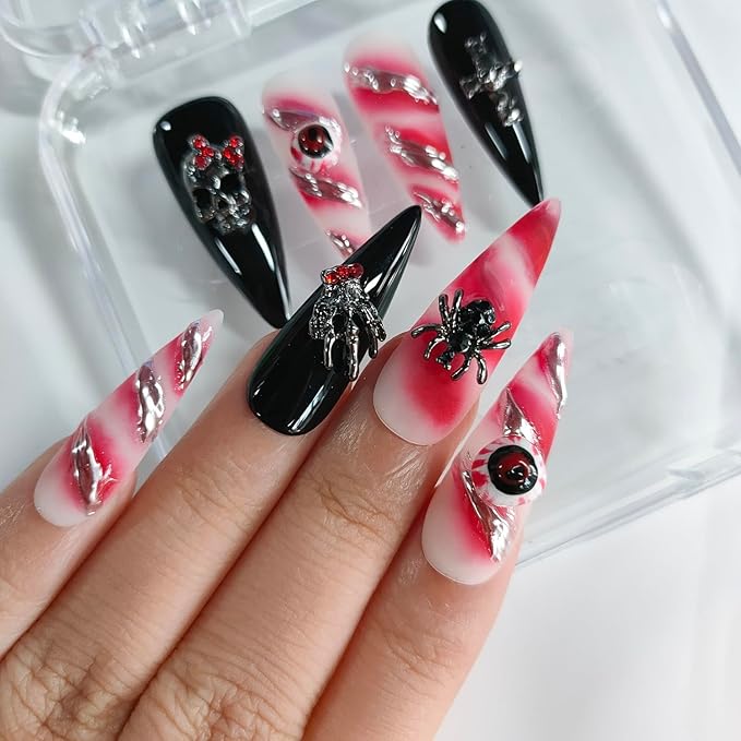 Halloween Handmade Press on Nails Long Almond 3D Nails Gothic Thick Acrylic Fake Nails Black&White False Nails with Eyeball Skull Spider Designs Sturdy Nail Art Press on Nails 10Pcs(M)