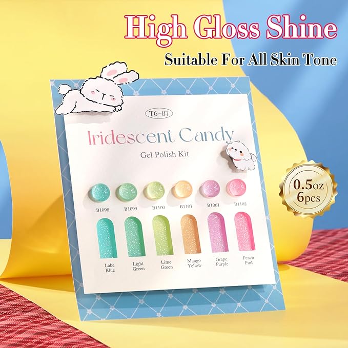 Double Rhythm 6 Pcs 15 ML Glitter Gel Polish Set Same Color Same Bottle Soak Off Gel Polish Kit Nail Art Manicure Salon DIY at Home (Shimmer Pink Green Blue Purple Orange Yellow-T6-87)
