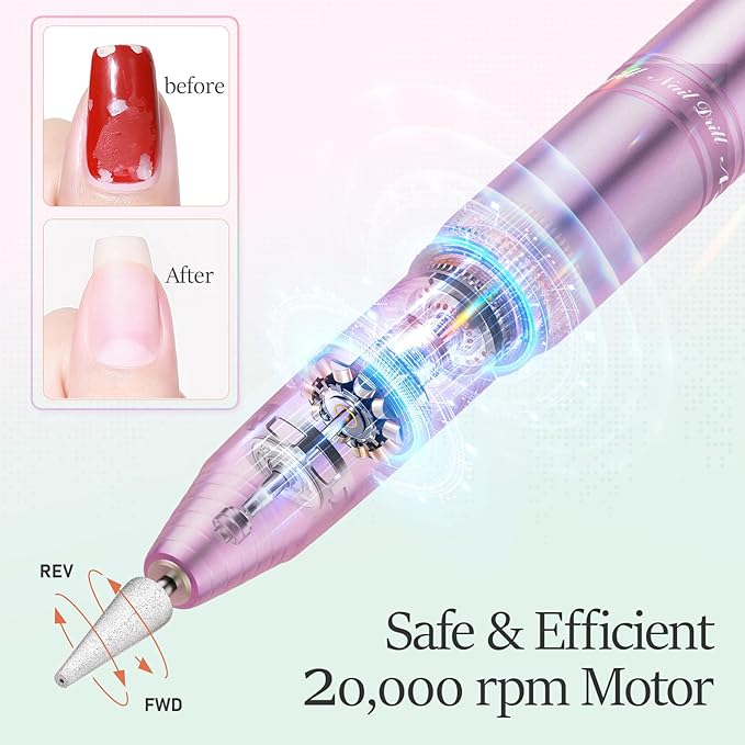 20000RPM Electric Nail Drill Rechargeable Compact Portable Efile Professional Manicure Cordless Pedicure Nail File Drill Kit for Acrylic Gel Nails and Home Salon Use