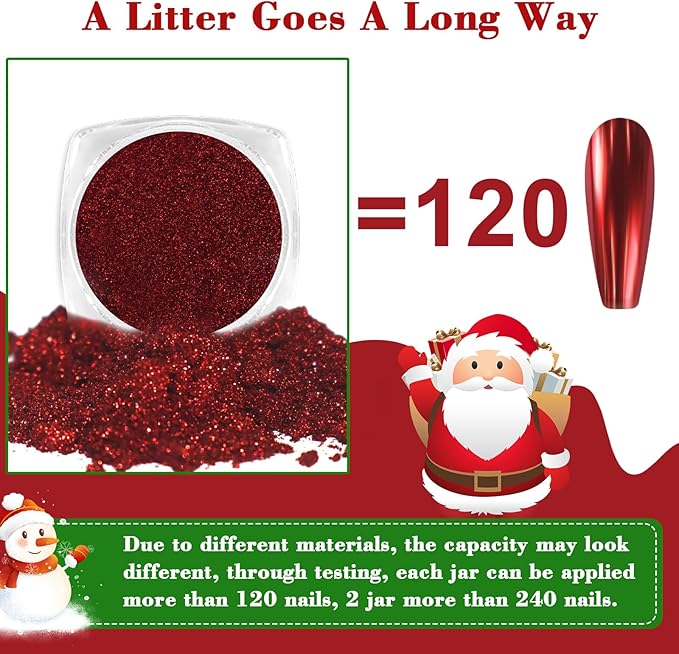 Allstarry Chrome Nail Powder - 2 Colors Red & Green Metallic Effect Mirror Glitter Powder Pigment Sparkling Holographic Manicure Magic Glitter Dust Kit for Christmas Nail Decoration