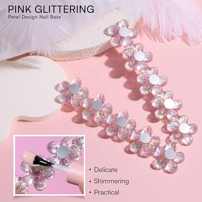 Makartt Nail Stand: Pink Nail Holder for Painting Nails DIY, Magnetic Press on Stand for Art Display Practice, Pink Glitter Flower Fake Holder for Home Salon with Reusable Adhesive Putty