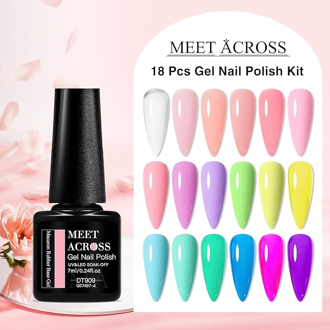 MEET ACROSS 18Pcs Nude Rubber Base Gel for Nails Pink Purple 2 IN 1Rubber Base Gel Set Manicure Gift