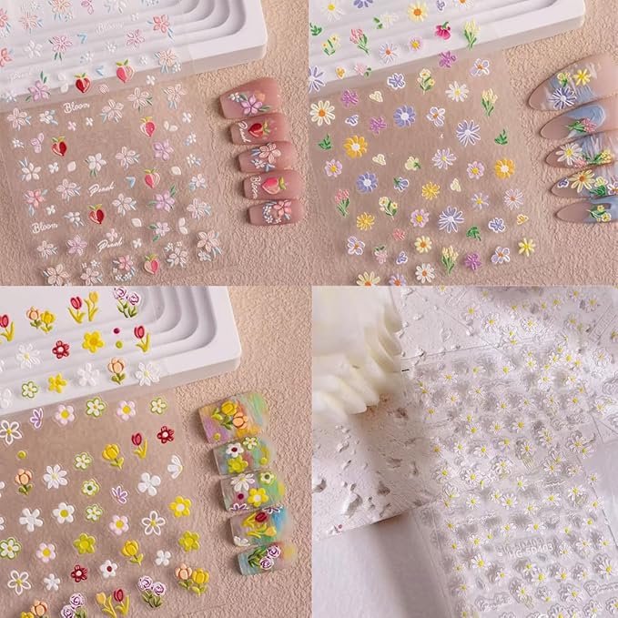 Magrace Nail Stickers for Spring 4 Sheets 5D Self-Adhesive Nail Art Decals for Women Flower Stickers Decoration