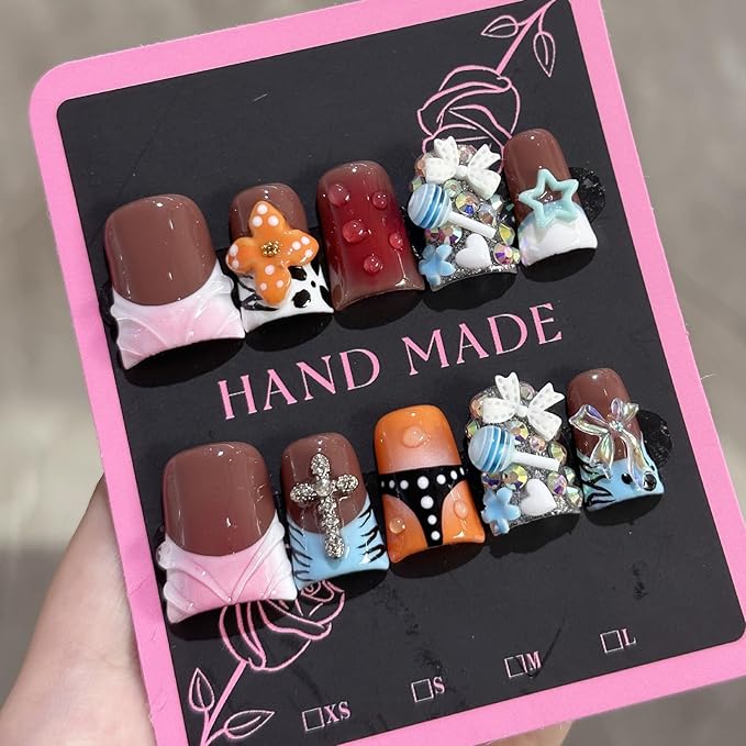French Tip Press on Nails Handmade Short Duck 3D Flower Thick Acrylic Nails Cool False Nails with Flower Bow Rhinestones Lollipop Designs Cute Glossy Fake Nail Sturdy Art Press on Nail 10Pcs(S)
