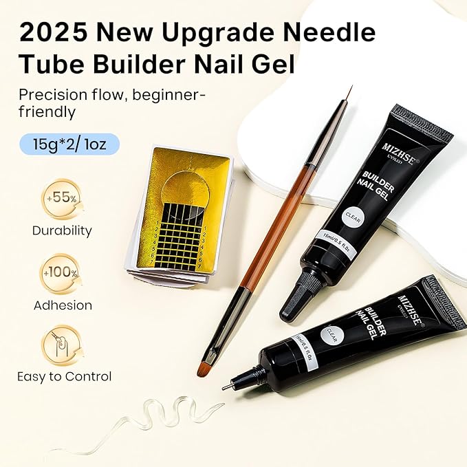 MIZHSE Clear Builder Gel for Nails, 2Pcs 15mL 7 in 1 Needle Tube Builder Gel for Nail Apex and Strengthener Thickening Extension Rhinestone Nail Glue for Beginners & Nail Art DIY Christmas Manicure