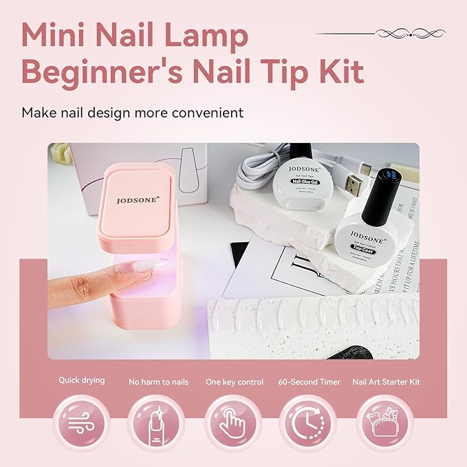 JODSONE Gel Nail Kit Long Almond Nail Tips 480PCS Mini Rechargeable Nail Lamp Pre Shaped Clear Full Cover Fake Nails Tips with Nail Glue & Top Coat U V LED Curing Lamp DIY Manicure Gifts for Women