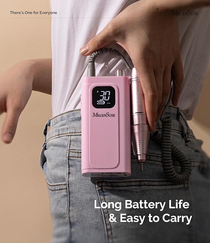 MelodySusie Entry-Level Clip-On Rechargeable Essential Nail Drill, SC300F 30000RPM E-File with LCD Display for All Manicure Shaping & Gel Removal, Ideal for Training,Nail Art Practice & Home Use, Pink
