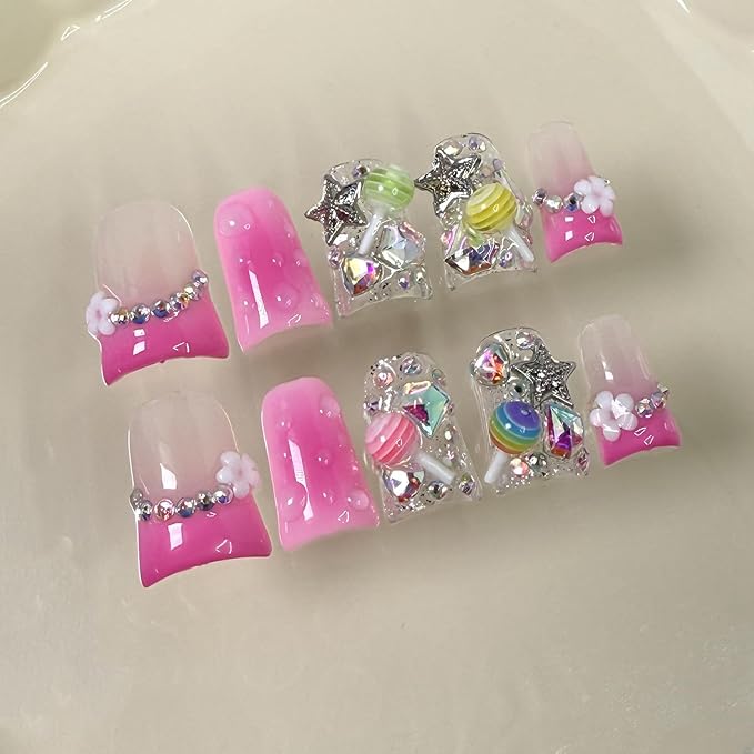 French Tip Press on Nails Handmade Short Duck 3D Thick Acrylic Nails Cute False Nails with Lollipop Stars Flower Designs Pink Glossy Fake Nail Sturdy Art Press on Nail 10Pcs(S)