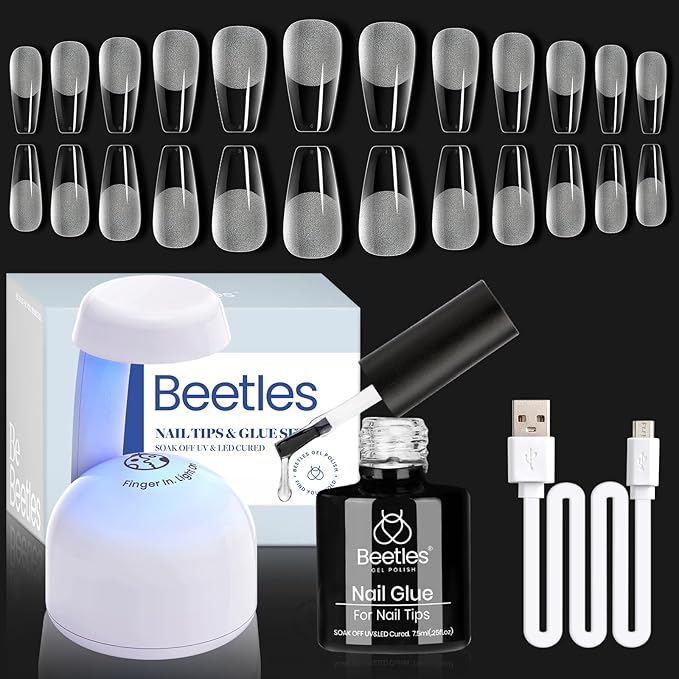 Beetles Gel Nail Kit Etch-X, Medium Coffin, 504pcs, with 5 in 1 Nail Glue Base Gel and Innovative Led Lamp Diy Art at Home Nail Kit Easy Nail Extension Set