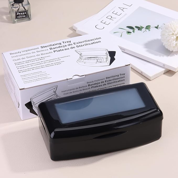 Nail Tool Sterilizer Box Plastic Disinfectant Container for Nail Art Accessories Tools, Hair Salons and Beauty Centers, Sterilizer Soaking Box with Strainer Pedicure Manicure Equipment, Black