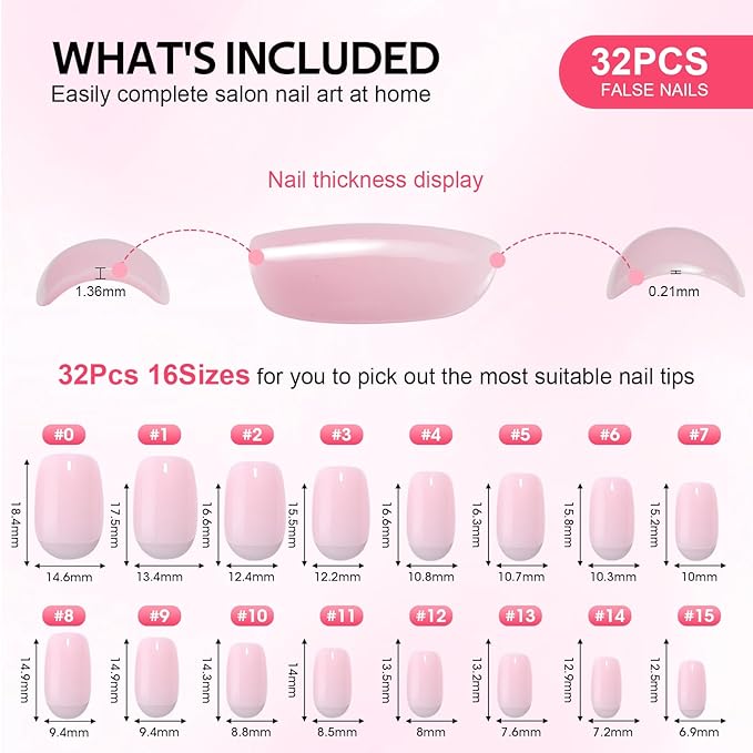 Press On Nails - Short Findigit Square Pink False Nails, Reusable Stick On Fake Nails with Glue Salon Quality 16 Sizes - 32 Nail Kits, Square Grace