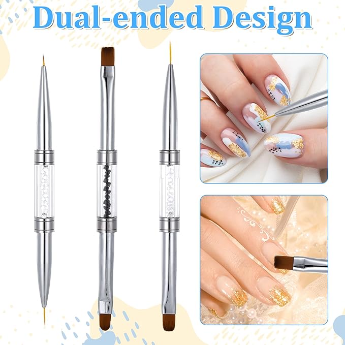 Jeffdad 3 Pcs Double Ended Nail Builder Gel Brush, French Tip Brush Hard Gel for Nails, Hard Gels Brush for Design Professional Art (Black&White)