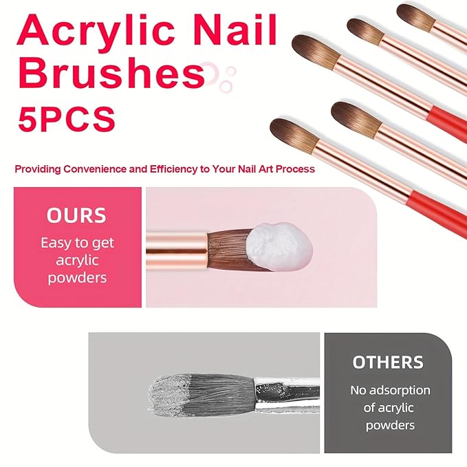 5PCS Acrylic Nail Brush Set,Professional Acrylic Nail Brushes Size 4# 8# 10# 12# 16# for Application Brushes for 3D Nail Art Extension Carving