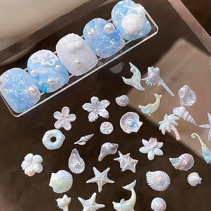 Sea Themed Silicone Nails Art Mold Set with Summer Seaside Shell Conch Starfish Coconut Tree Flower Designs 3D Template Carving Mold for Manicure Designs