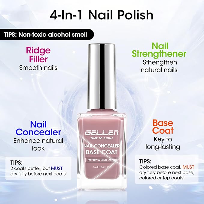 GELLEN 4-In-1 Dusty Purple Rose Illuminating Nail Concealer Base Coat Polish, Fall Sheer Mauve Nail Strengthener Ridge Filler for Nails, Smoothes Strengthens Nails, Quick Dry, Hema Free Non-toxic