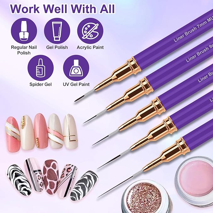 Nail Art Liner Brushes, 5Pcs Liner Brush For Nails, Painting Nail Art Brush Set Dotting Drawing Tool for Long Lines, Thin Details, UV Gel Polish Painting, Fine Drawing 7/9/11/15/25mm(Purple)