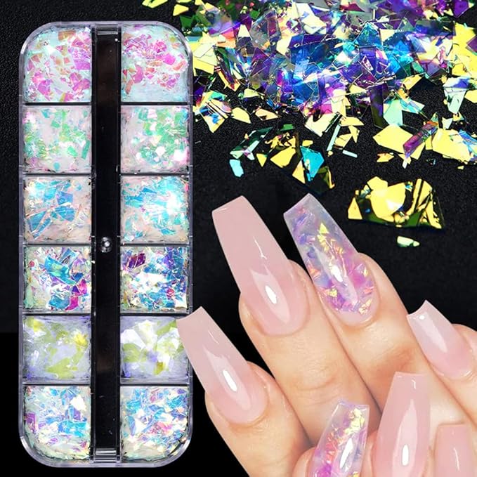Nail Art Mermaid Flake Sequins 3D Acrylic Holographic Chunky Laser Decals Ultra Thin Iridescent Glass Paper Sticker Manicure Decoration 12 Grids