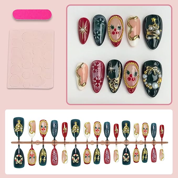 24pcs Christmas Press on Nails Medium Almond Fake Nails Winter Snowflake Full Cover False Nails with 3d Pearl Rhinestones Designs Xmas Tree Wreath Star Glue on Nails for Women Nail Decoration Supplies