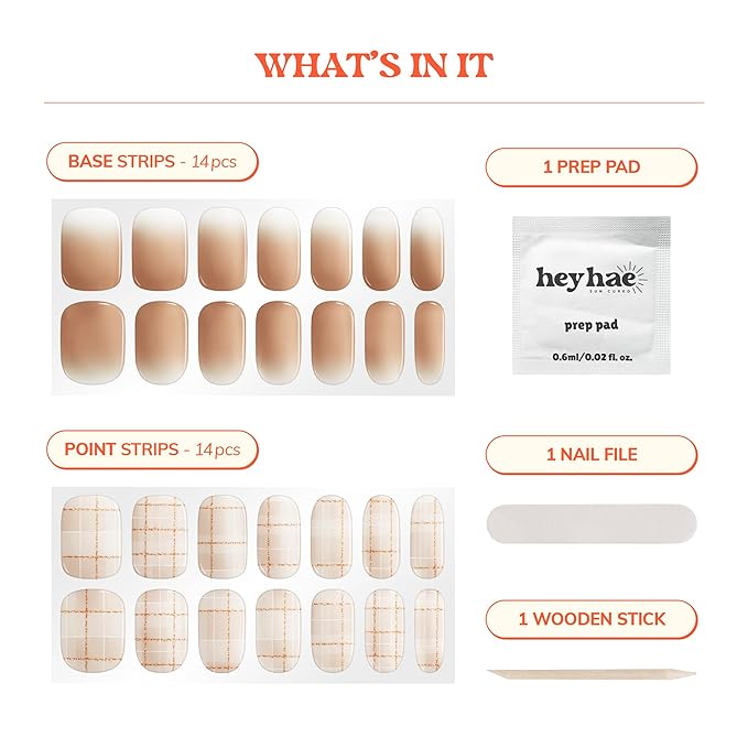 Heyhae Semi Cured Gel Nail Strips | No LED Lamp Needed | Ombre, Beige, Brown | Easy Apply & Remove, Salon Quality | Includes 28 Strips, 1 Prep Pads, Nail File & Wooden Stick - Hey, You're So Kind
