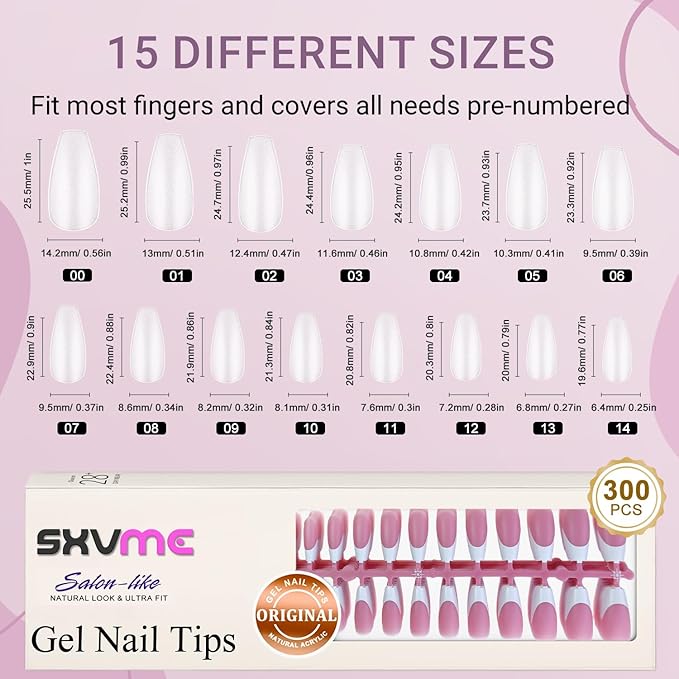 Gel French Tip Nails Long Coffin French Tip Press on Nails SXVME White French Nail Tips 300Pcs Pre-applied Tip Primer Natural Pink Fake Nails Extensions Gel Nail Kit for Women Girls DIY