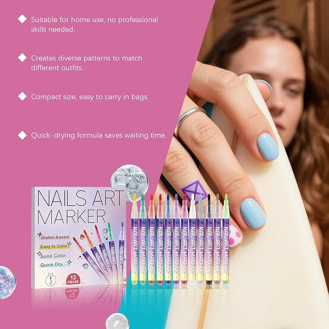 12 Colors Nail Art Pens Set ，1mm Acrylic Nail Art Polish Pen Point Graffiti Dotting Drawing Painting Liner Brush for Art Design DIY Manicure Tools