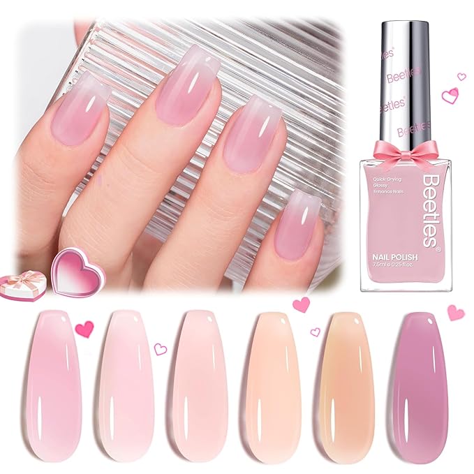Beetles Jelly Nail Polish Set, 6 Colors Pink Nude Purple Velvet Glow Quick Dry Nail Polish Long Lasting Nail Strengthener Polish Gift for Girls Women