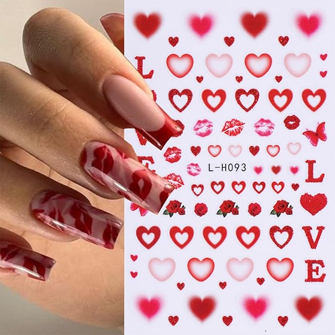 6 Sheets Valentines Nail Stickers for Nail Art Romantic Heart Nail Art Stickers Red Lips Rose Nail Decals 3D Self-Adhesive Envelope Love Hearts Valentine Nail Decorations for Women DIY Holiday Nails