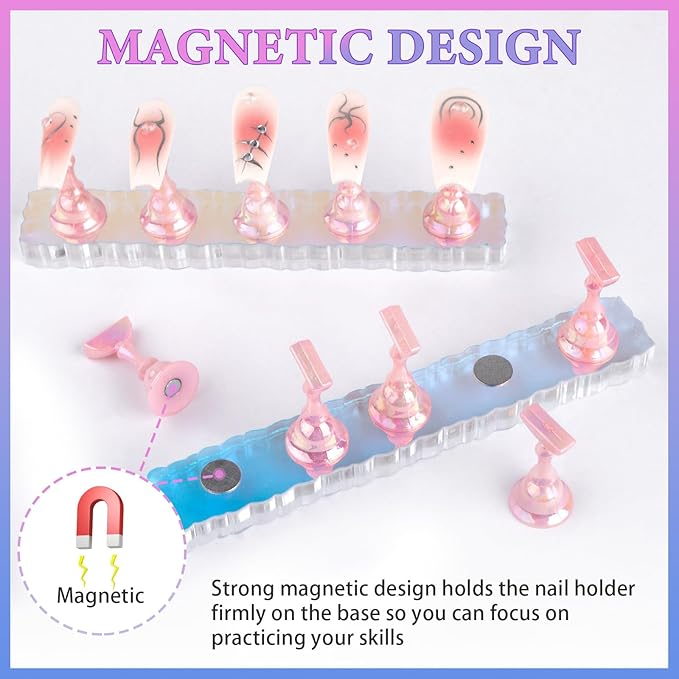 Nail Stand Acrylic Nail Art Display Stand Magnetic Nail Tips Practice Holder 54 Pcs Reusable Adhesive Putty for DIY Painting Nails Stand kit (Aurora Pink)