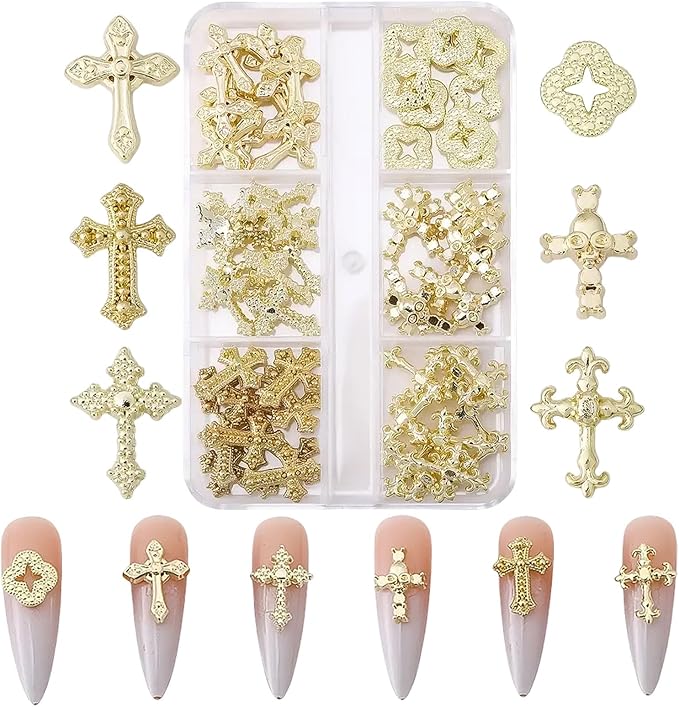3D Cross Nail Charms for Nail Art, 60 Pcs Metal Crystal Cross Nail Decorations, Alloy Nail Studs and Rhinestones for Women Girl DIY Jewelry Crafts Supplies (Gold B)