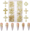 3D Cross Nail Charms for Nail Art, 60 Pcs Metal Crystal Cross Nail Decorations, Alloy Nail Studs and Rhinestones for Women Girl DIY Jewelry Crafts Supplies (Gold B)