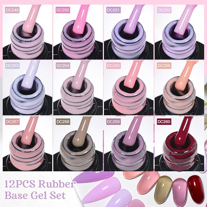 MTSSII Rubber Gel Base Coat for Nails, 12 Pcs Nude Pink Rubber Base Gel Polish Neutral Skin Tones Violet Pastel Pink Lavender Long Lasting Protect Soak Off U V LED Builder Gel for Thin Weak Nails
