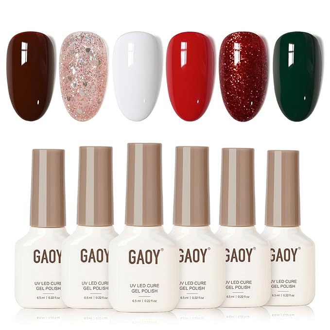 GAOY Christmas Red Gel Nail Polish Set, 6 Colors Glitter Burgundy Red Green Sparkle Gold, UV Light Cure Gel Polish for Nail Art DIY at Home