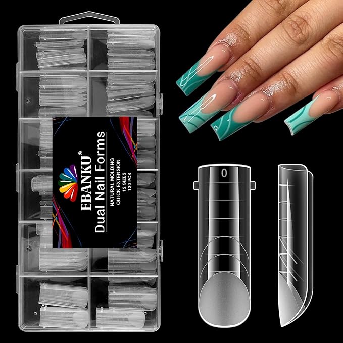 EBANKU 120Pcs Matte Dual Nail Forms, Poly Gel Nail Molds Square Clear Full Cover Coffin Nail Tips Extension Forms 12 Sizes for Gel Manicure Nail Art Design Salon&DIY