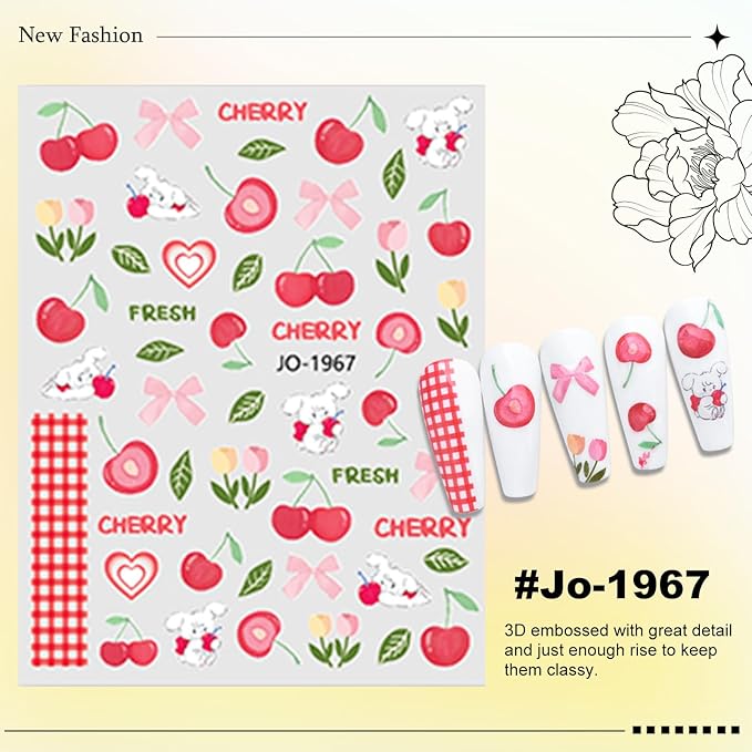 6 Sheet Fruit Nail Sticker for Nails Art 3D Embossed Self-Adhesive Cute Peach, Cherry, Lemon, Watermelon, Strawberry, Avocado Nail Decal Design Supplies for Women DIY Manicure Art Decoration YX1243