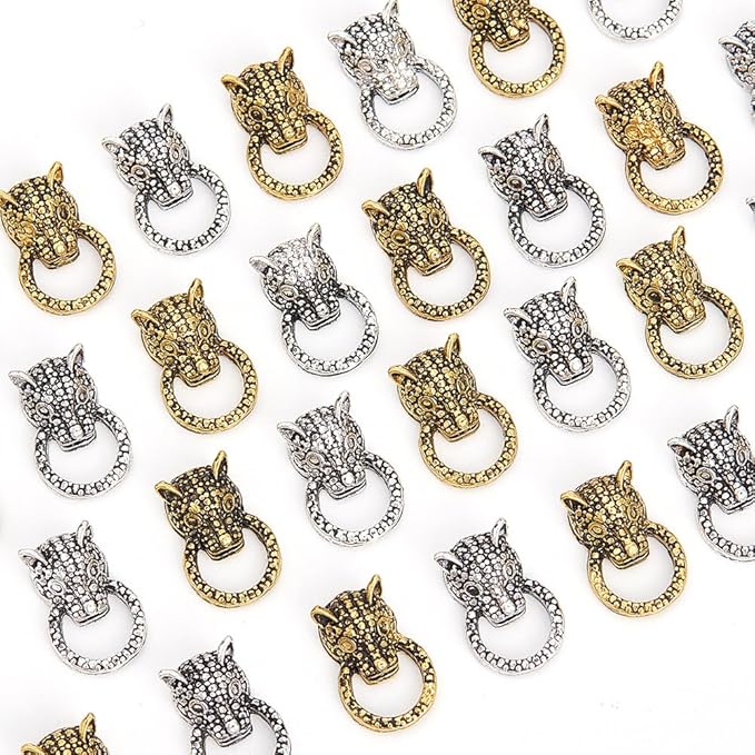 60Pcs 2 Colors Leopard Head Alloy Cabochons Feline Animal Theme Nail Art Charms Pull Ring Design Manicure Jewels Retro Wild Style Nail Art Decorations for Nail Art Supplies