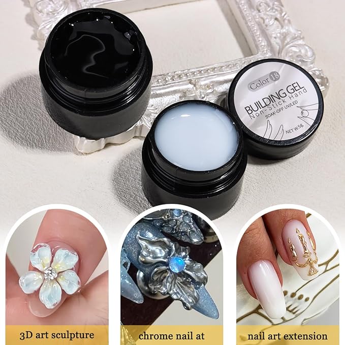 Solid Builder Gel Kit, 2PCS Clear and White 3D Sculpting Gel Non-Sticky Hand Carving Gels with Silicone Pen Hard Gels for Nails Molding 3D Flowers Nail Design Manicure Salon Supplies