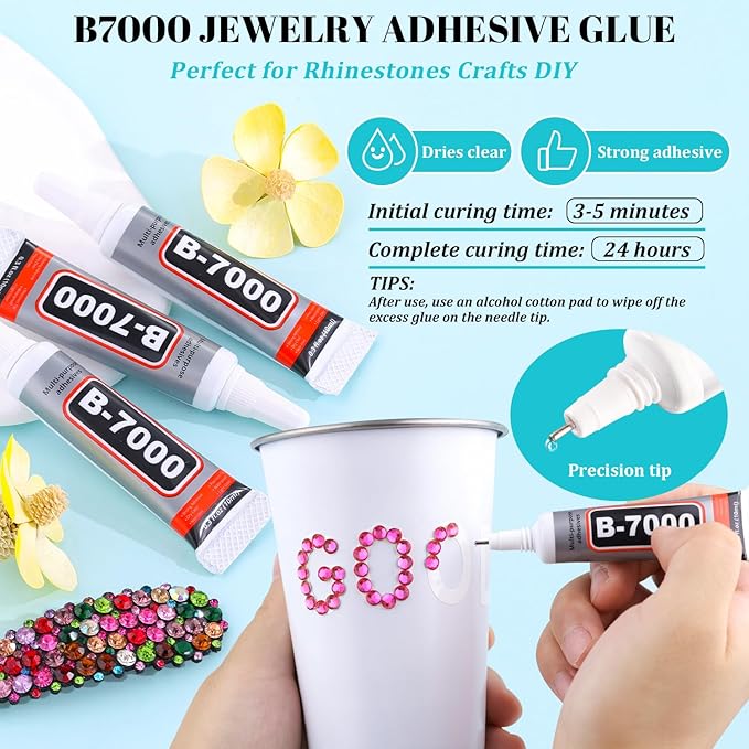 12100Pcs Resin Rhinestones for Crafting with 3Pcs 10ml B7000 Jewelry Glue, 2 Boxes Flatback Crystals Diomand (Hot Pink) for Bedazzling Crafts DIY Nail Art Makeup，Non Hotfix Gems for Clothing Shoes