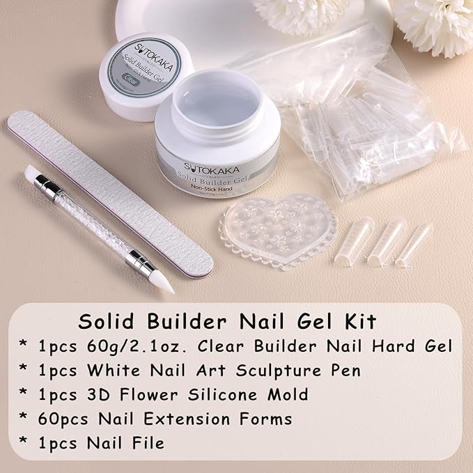 Solid Builder Gel for Nails, 60g Large Capacity Clear Non-Sticky Hand Hard Gel for 3D Nail Art Sculpting Carving Modeling Extension with Nail Forms 3D Silicone Mold Nail Art Salon Home DIY