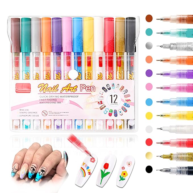 12 Colors Nail Art Pens Set,Nail Polish Pens for Painting Nails,Drawing Painting Dotting Liner Acrylic Nail Art Markers Kit,Waterproof Quick-Drying Nail Pens Manicure Tools for DIY Nail Art Design