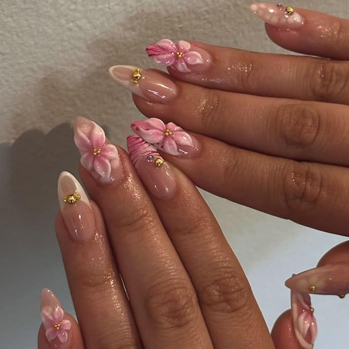 Almond Press on Nails Medium Fake Nails French False Nails Pink Artificial Nails with 3D Flowers and Gold Bead Accents Designs Cute Handmade NailsFloralStick on Nails for Women 24pcs