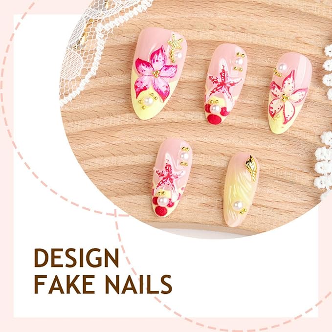 Press on Nails Long Almond Fake Nails Yellow French Artificial Nail 3D Embossed Flowers Rhinestones Charm Stick on Nail for Women 24pcs