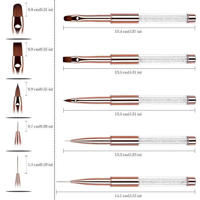 5pc Nail Art Brush Set - Rose Gold Rhinestone Handles with Gel Polish, Liner, Drawing Brushes for Salon & DIY Manicure