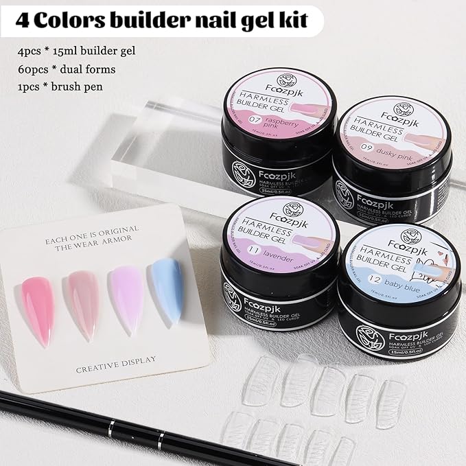 Builder Gel for Nails, 4 Colors Thickening Builder Nail Gel Pink Violet Baby Blue Camouflage Apex Building Nail Strengthener Gels Kit with Brush Pen Dual Forms UV Curing Extension Manicure
